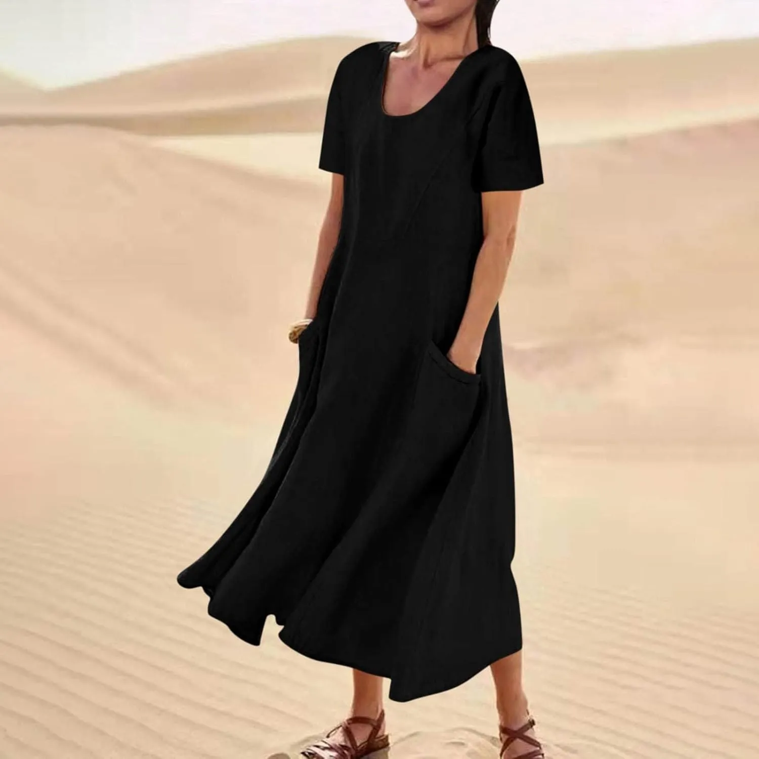 hlysgo Summer Dresses for Women 2025 Casual Cotton Linen Short Sleeve Midi Dress Flowy Beach Vacation Dress with Pockets