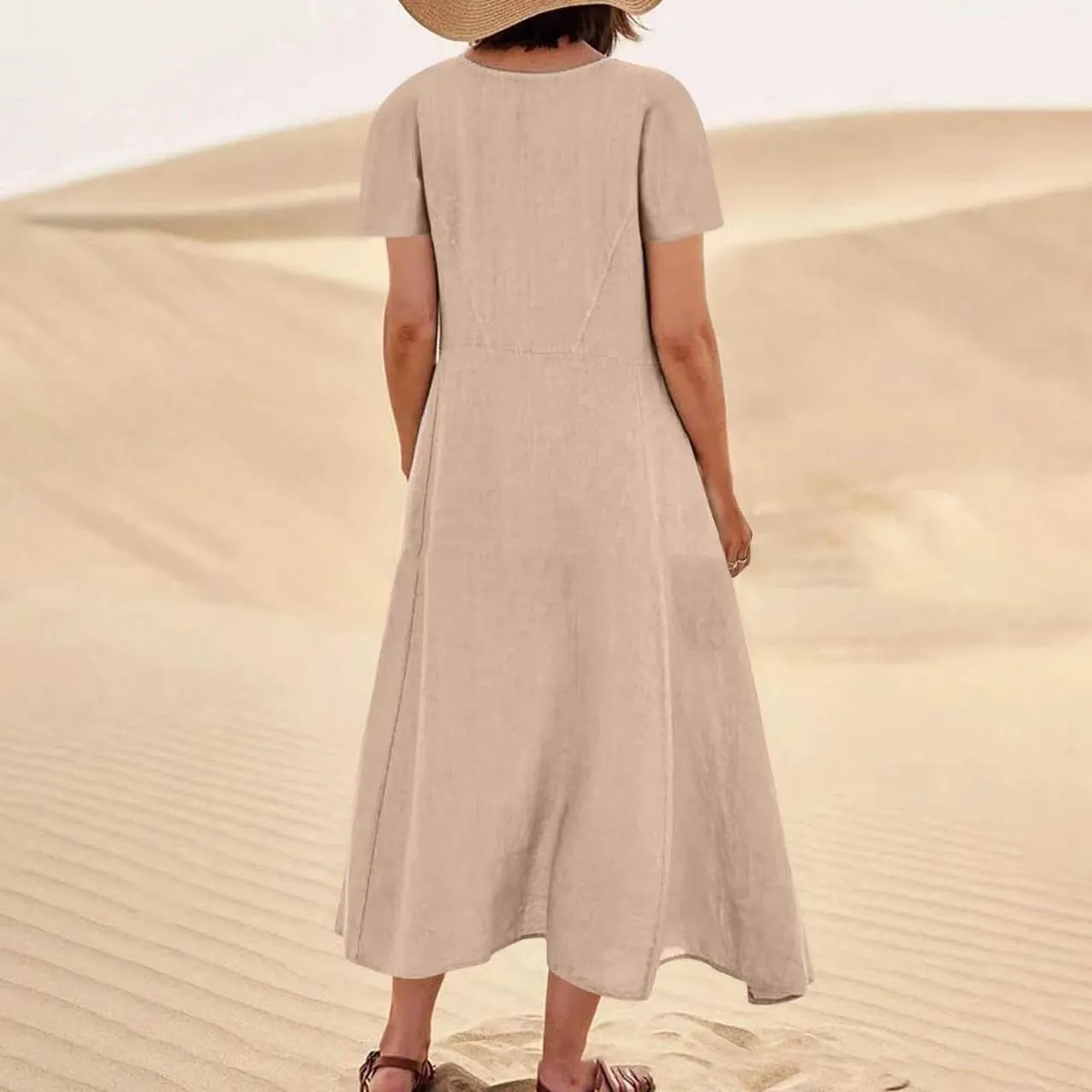 hlysgo Summer Dresses for Women 2025 Casual Cotton Linen Short Sleeve Midi Dress Flowy Beach Vacation Dress with Pockets