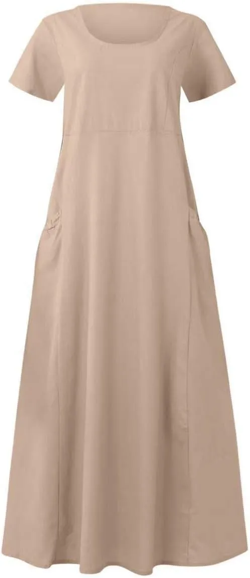 hlysgo Summer Dresses for Women 2025 Casual Cotton Linen Short Sleeve Midi Dress Flowy Beach Vacation Dress with Pockets