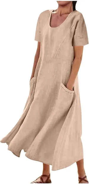 hlysgo Summer Dresses for Women 2025 Casual Cotton Linen Short Sleeve Midi Dress Flowy Beach Vacation Dress with Pockets
