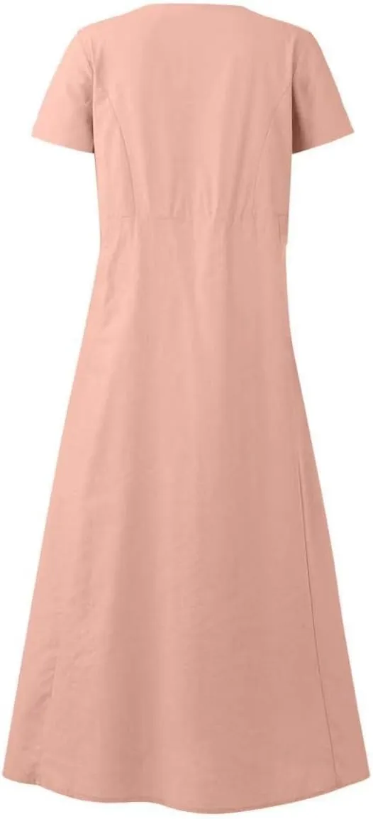 hlysgo Summer Dresses for Women 2025 Casual Cotton Linen Short Sleeve Midi Dress Flowy Beach Vacation Dress with Pockets