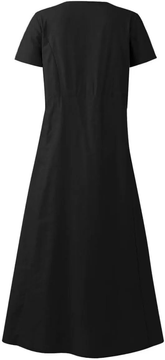 hlysgo Summer Dresses for Women 2025 Casual Cotton Linen Short Sleeve Midi Dress Flowy Beach Vacation Dress with Pockets
