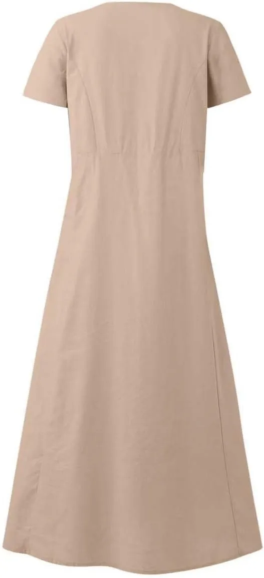 hlysgo Summer Dresses for Women 2025 Casual Cotton Linen Short Sleeve Midi Dress Flowy Beach Vacation Dress with Pockets