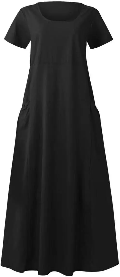 hlysgo Summer Dresses for Women 2025 Casual Cotton Linen Short Sleeve Midi Dress Flowy Beach Vacation Dress with Pockets