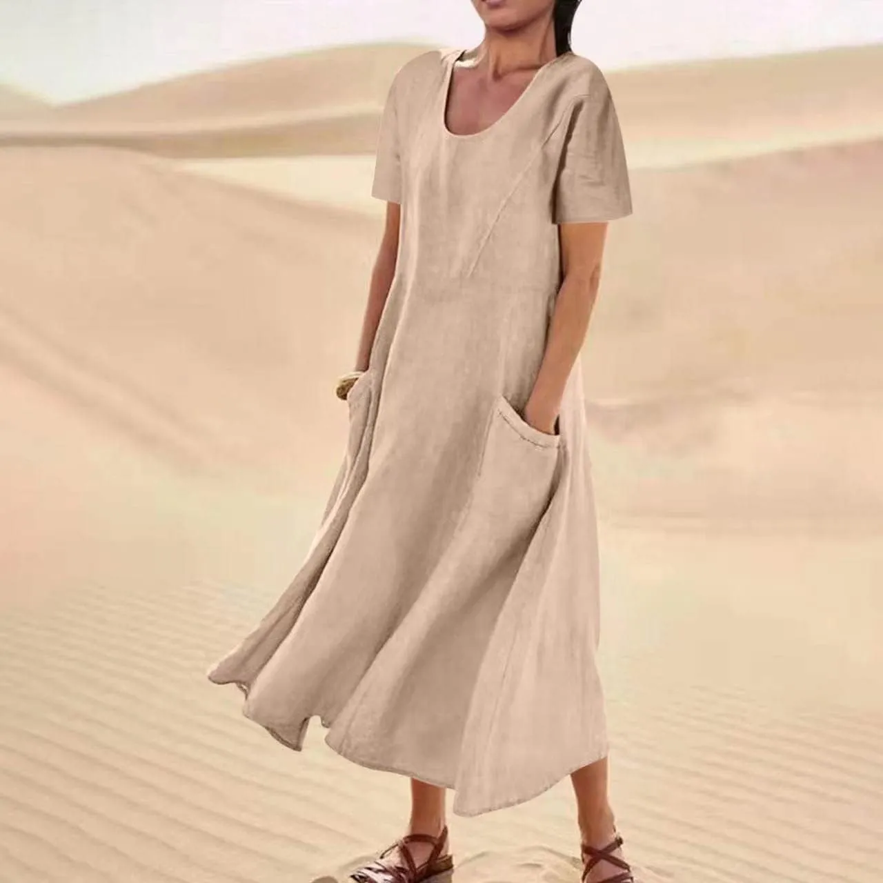 hlysgo Summer Dresses for Women 2025 Casual Cotton Linen Short Sleeve Midi Dress Flowy Beach Vacation Dress with Pockets
