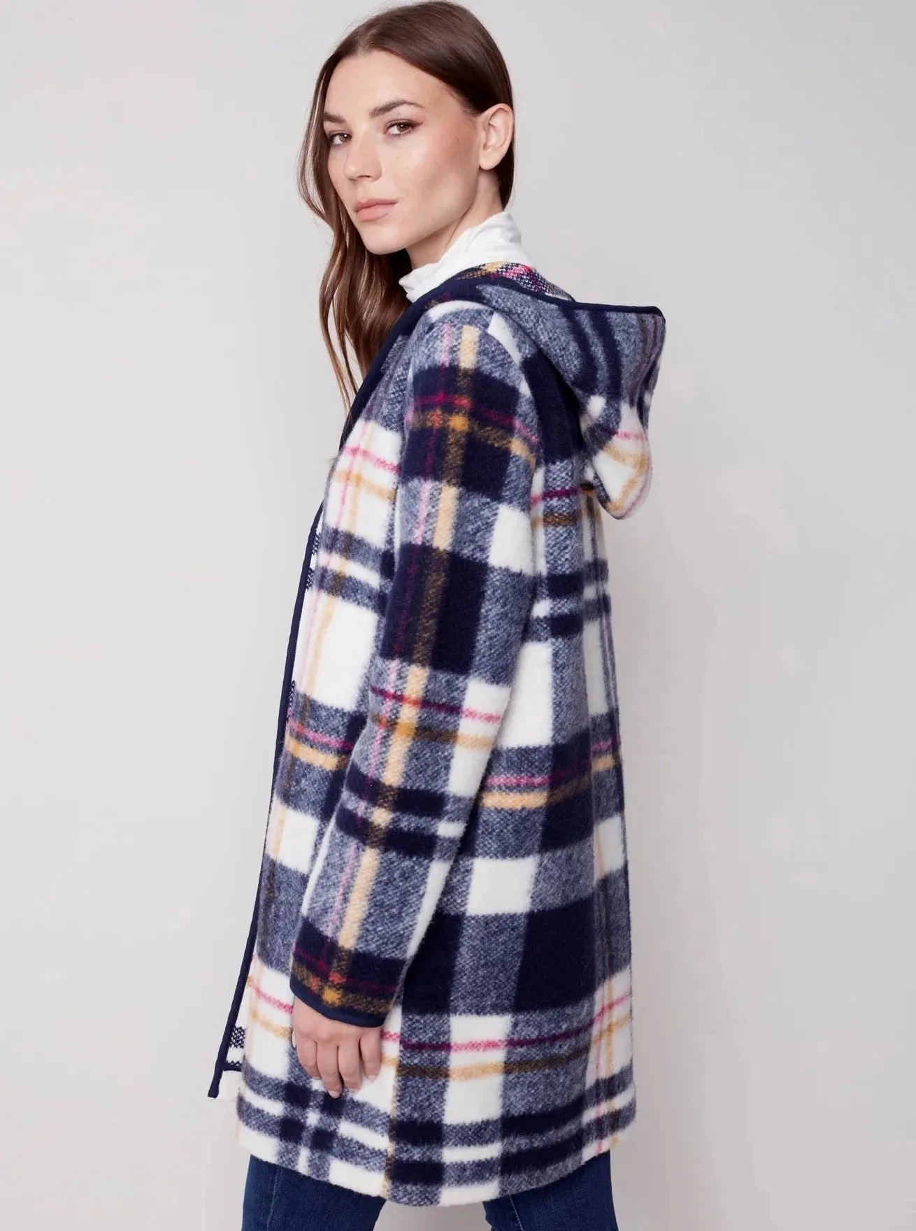 Hooded Button Front Boiled Wool Jacket [Navy-C6267]