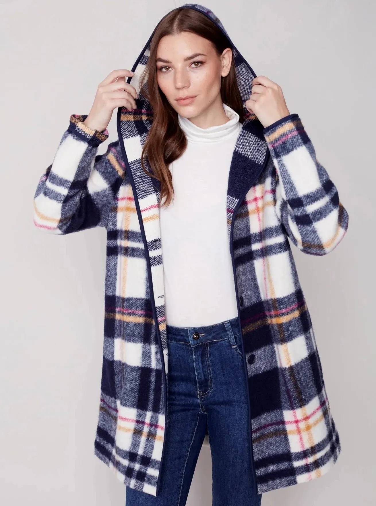 Hooded Button Front Boiled Wool Jacket [Navy-C6267]