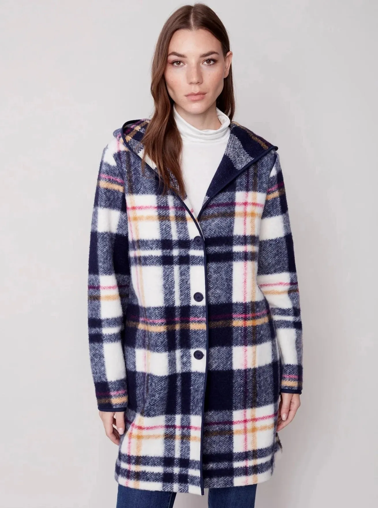 Hooded Button Front Boiled Wool Jacket [Navy-C6267]