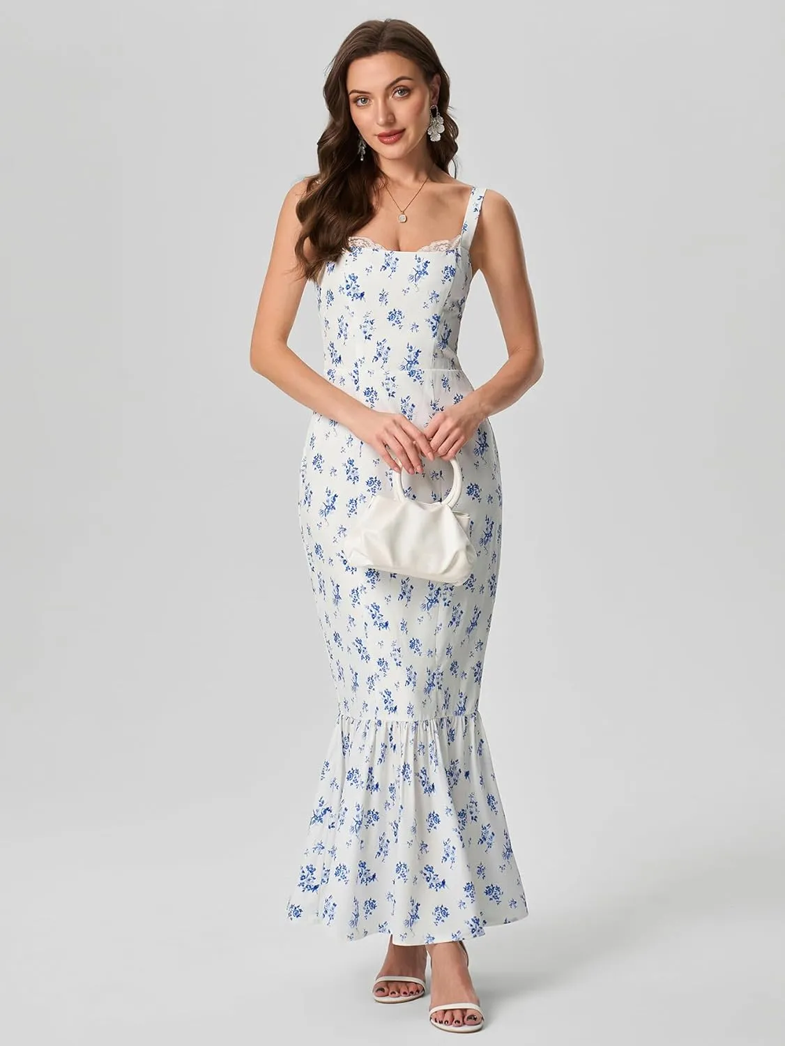 HTZMO Women Casual Summer Floral Maxi Dress Square Neck Boho Wedding Guest Elegant Long Sundress