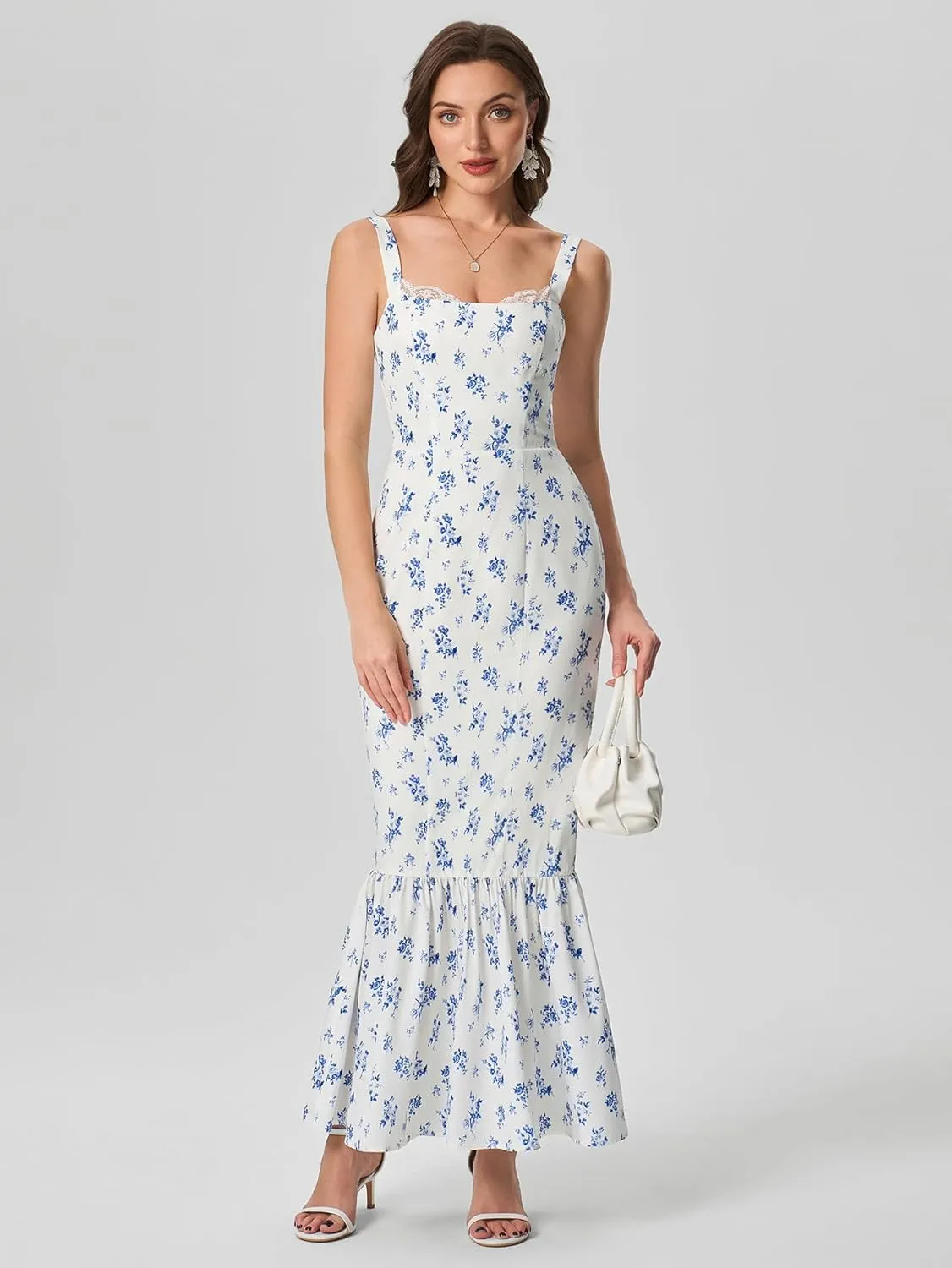 HTZMO Women Casual Summer Floral Maxi Dress Square Neck Boho Wedding Guest Elegant Long Sundress