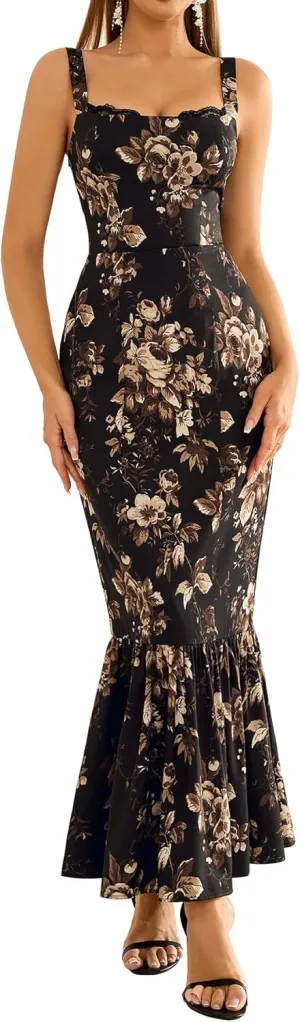 HTZMO Women Casual Summer Floral Maxi Dress Square Neck Boho Wedding Guest Elegant Long Sundress