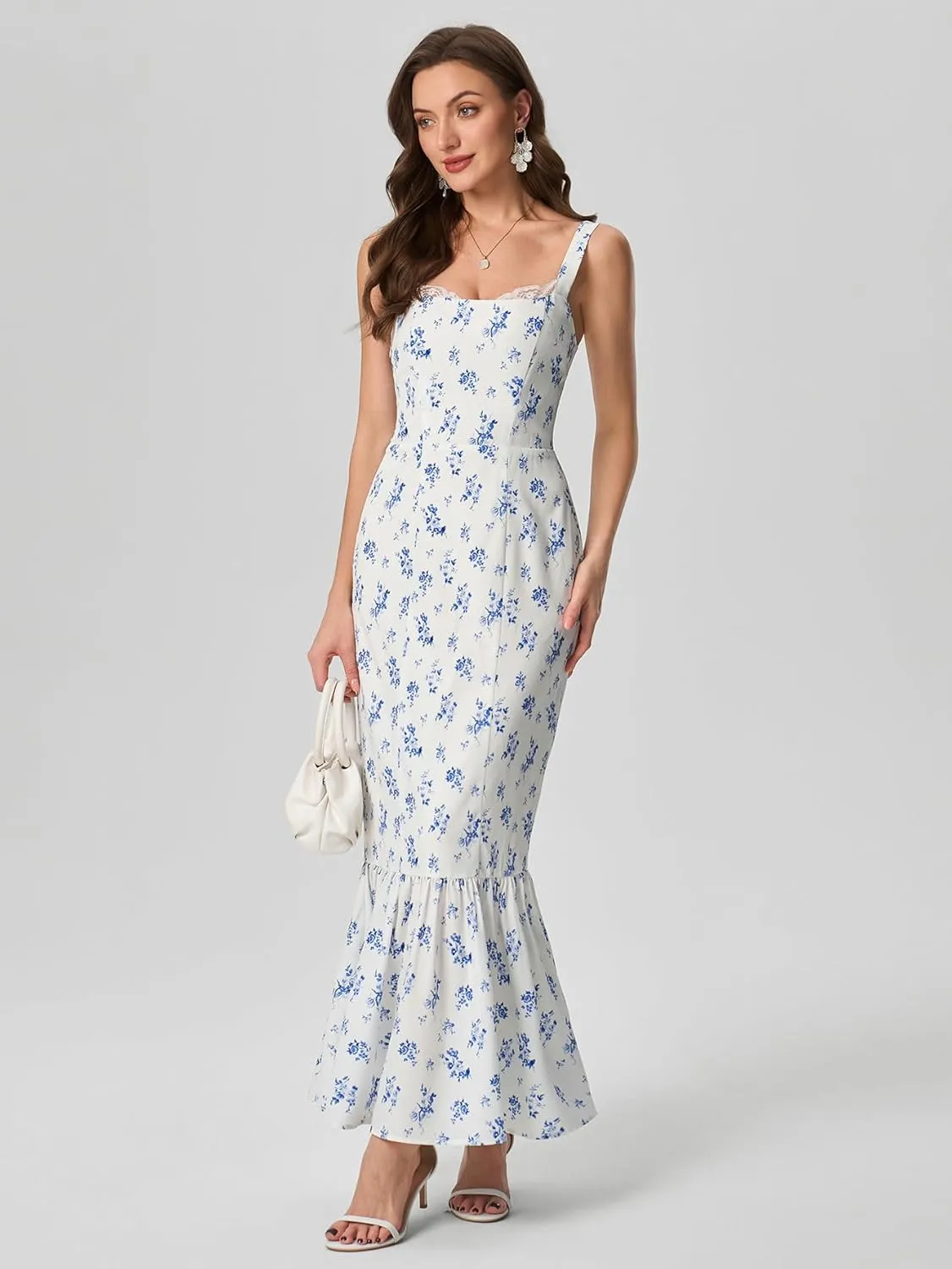 HTZMO Women Casual Summer Floral Maxi Dress Square Neck Boho Wedding Guest Elegant Long Sundress