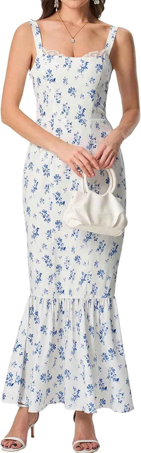 HTZMO Women Casual Summer Floral Maxi Dress Square Neck Boho Wedding Guest Elegant Long Sundress