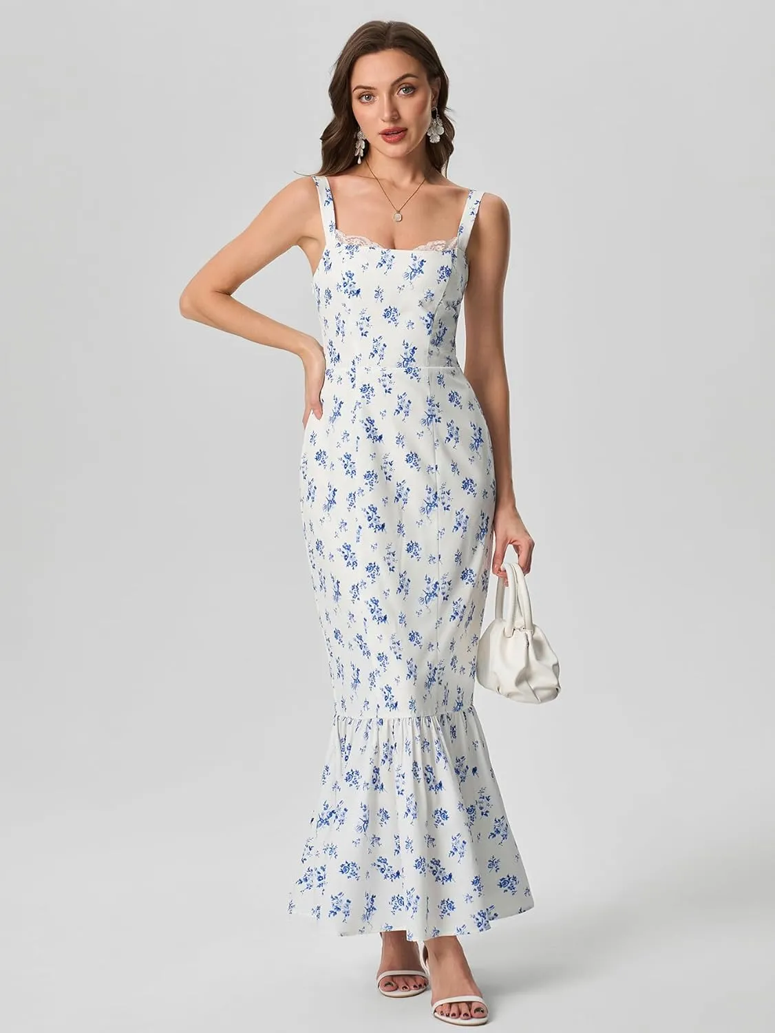 HTZMO Women Casual Summer Floral Maxi Dress Square Neck Boho Wedding Guest Elegant Long Sundress