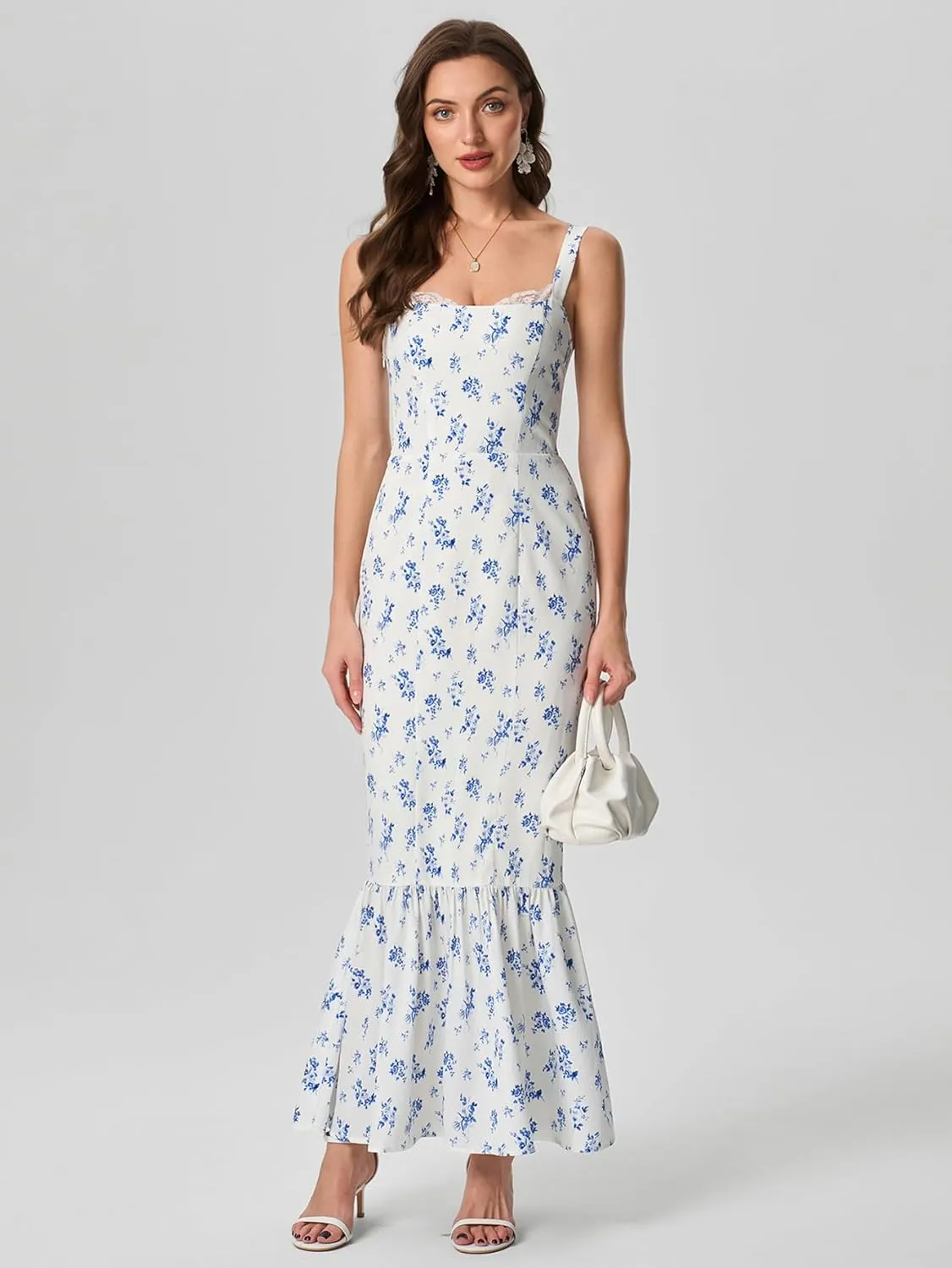 HTZMO Women Casual Summer Floral Maxi Dress Square Neck Boho Wedding Guest Elegant Long Sundress