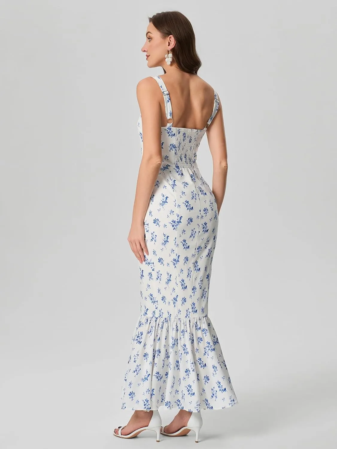 HTZMO Women Casual Summer Floral Maxi Dress Square Neck Boho Wedding Guest Elegant Long Sundress