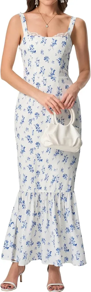 HTZMO Women Casual Summer Floral Maxi Dress Square Neck Boho Wedding Guest Elegant Long Sundress