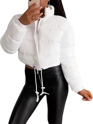 iTranyee Women's Winter Cropped Puffer Jacket Long Sleeve Zipper Cotton-Padded Coat Casual Warm High Neck Quilted Outwear