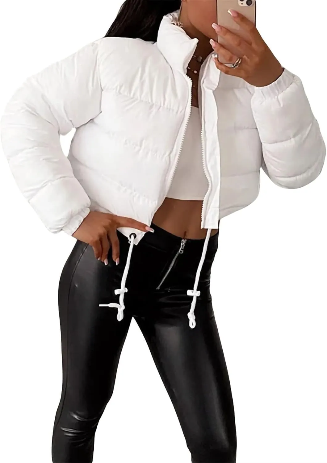 iTranyee Women's Winter Cropped Puffer Jacket Long Sleeve Zipper Cotton-Padded Coat Casual Warm High Neck Quilted Outwear
