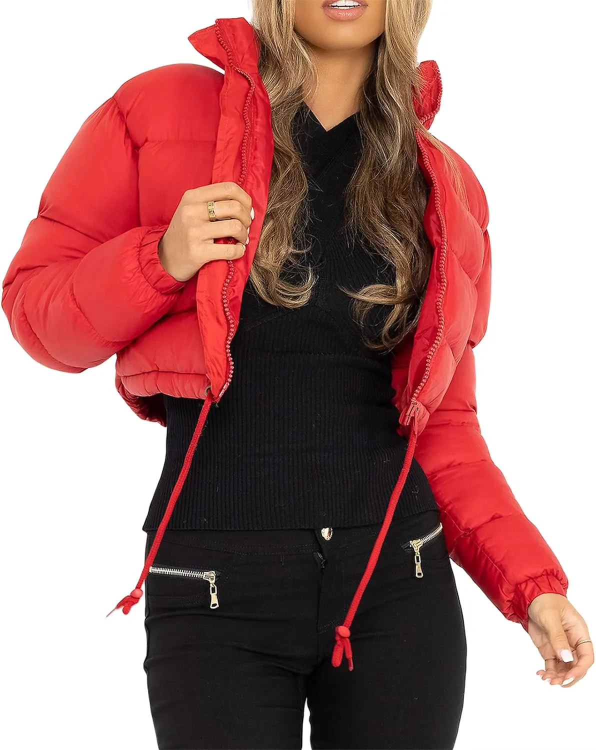 iTranyee Women's Winter Cropped Puffer Jacket Long Sleeve Zipper Cotton-Padded Coat Casual Warm High Neck Quilted Outwear