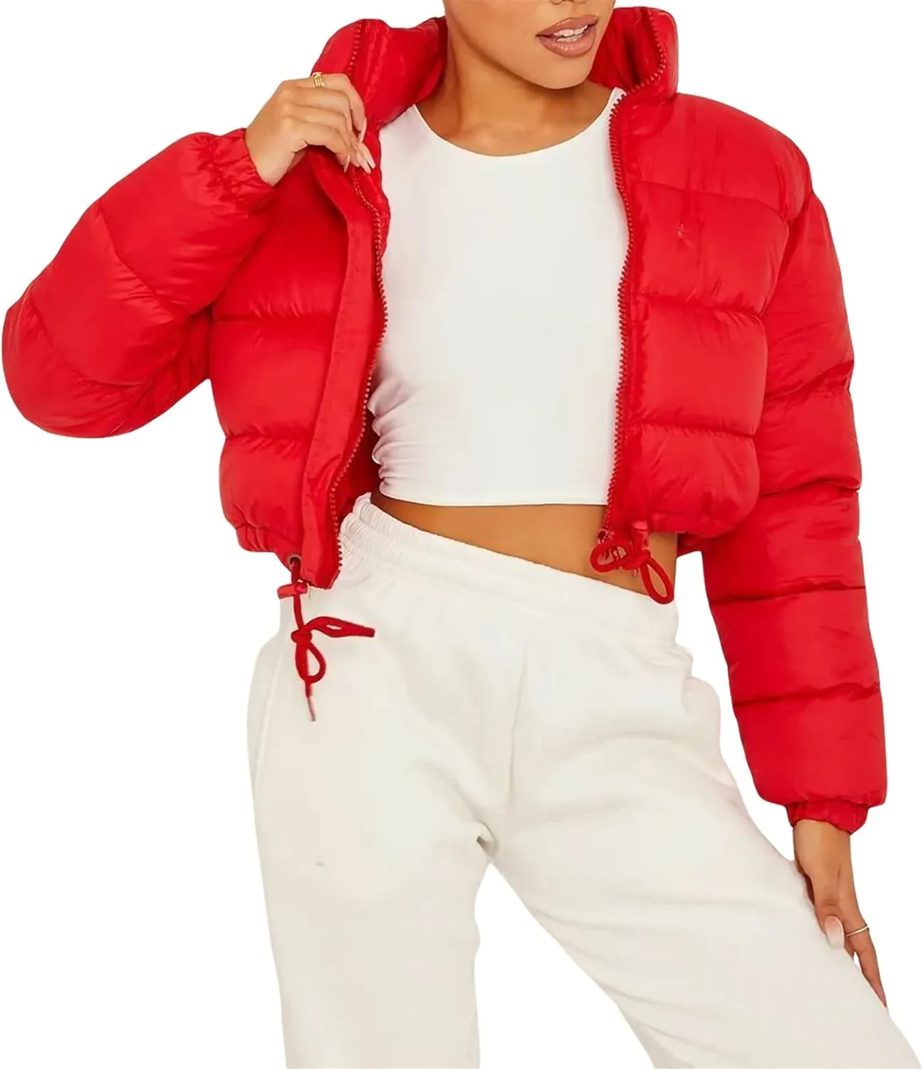 iTranyee Women's Winter Cropped Puffer Jacket Long Sleeve Zipper Cotton-Padded Coat Casual Warm High Neck Quilted Outwear