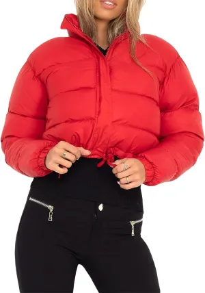 iTranyee Women's Winter Cropped Puffer Jacket Long Sleeve Zipper Cotton-Padded Coat Casual Warm High Neck Quilted Outwear