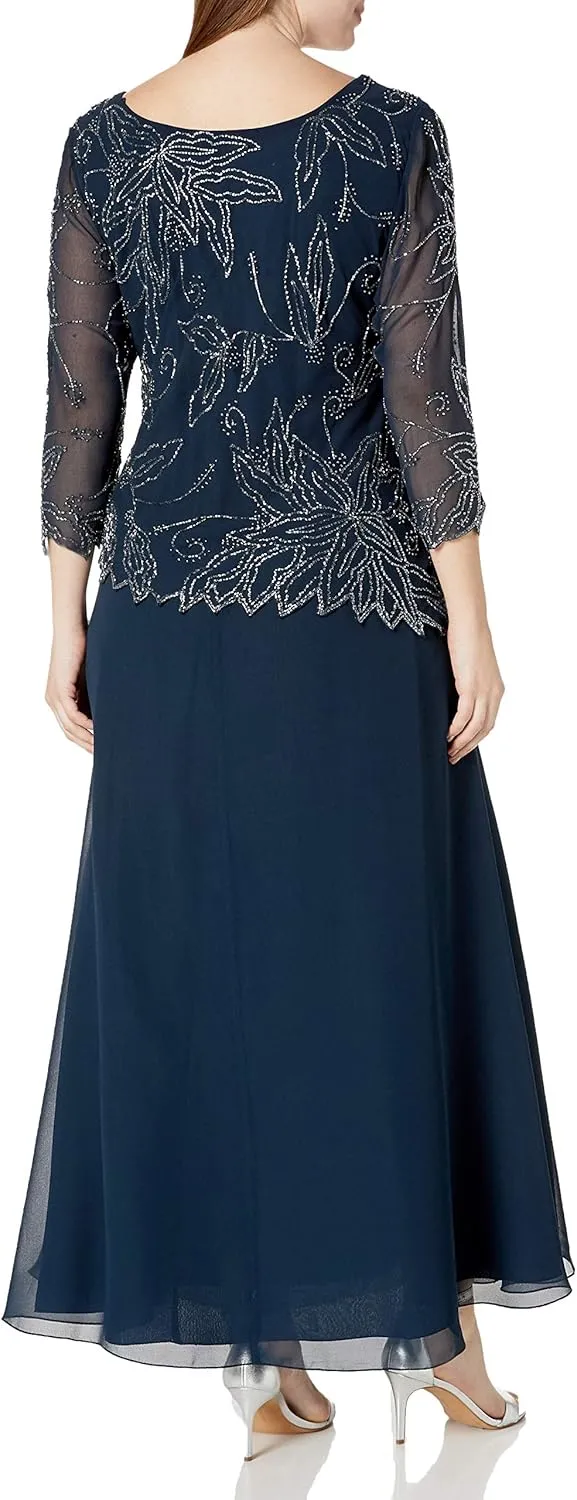 J Kara Plus Size Womens Sheer Sleeve Floral Beaded Long Dress