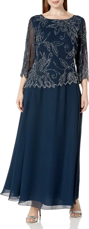 J Kara Plus Size Womens Sheer Sleeve Floral Beaded Long Dress