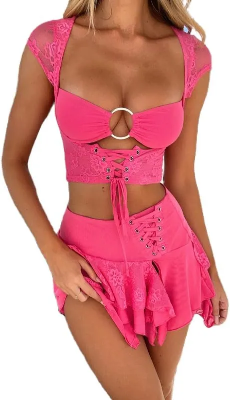 Juakoso Women's Ruffle Low Cut Mini Dress Sexy Cutout See Through Slim Fit Short Dress Tie Dye Lace Up Beach Sundress