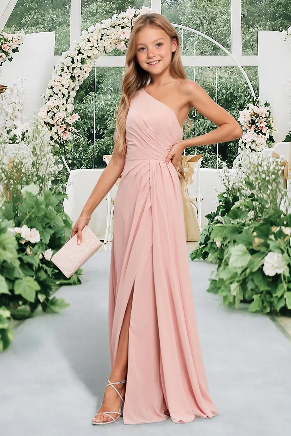 Junior Bridesmaid Dresses for Wedding Chiffon One Shoulder Flower Girl Dress Long Party Pageant Gowns