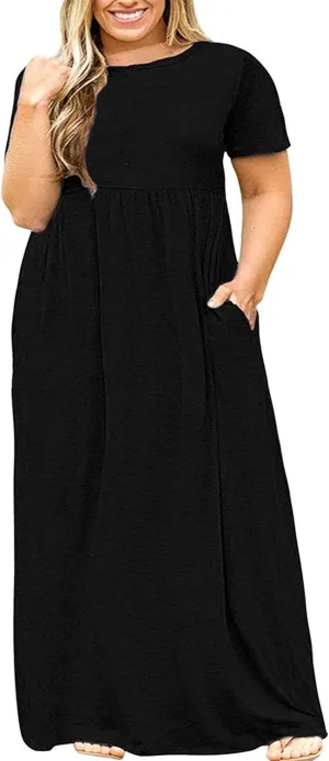 Kancystore Women's Short Sleeve Plus Size Maxi Dress with Pockets Loose Casual Summer Dresses