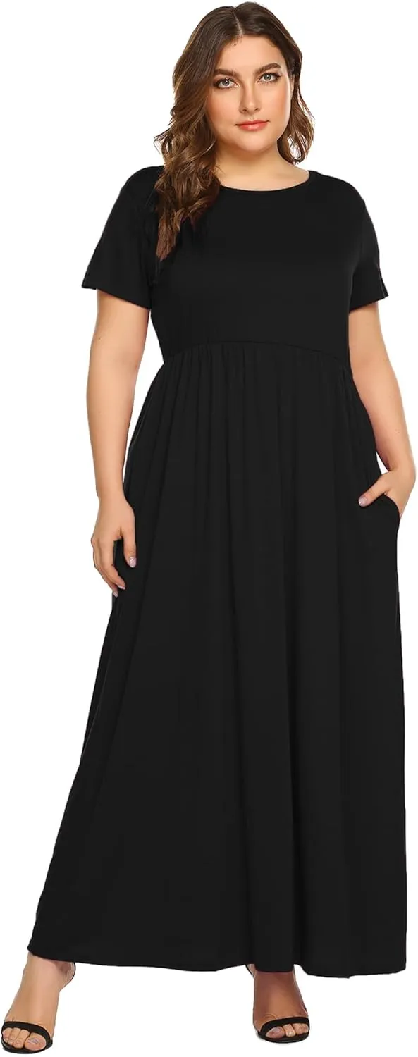 Kancystore Women's Short Sleeve Plus Size Maxi Dress with Pockets Loose Casual Summer Dresses