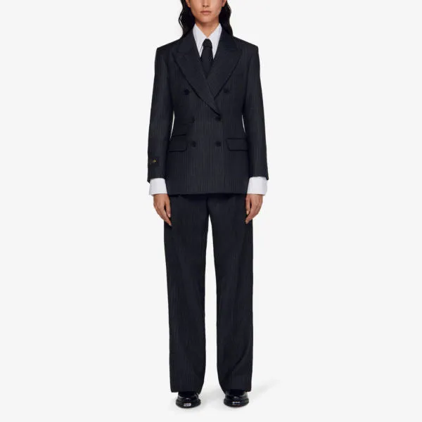Kelia double-breasted sandro pinstripe wool blazer, color noir / gris