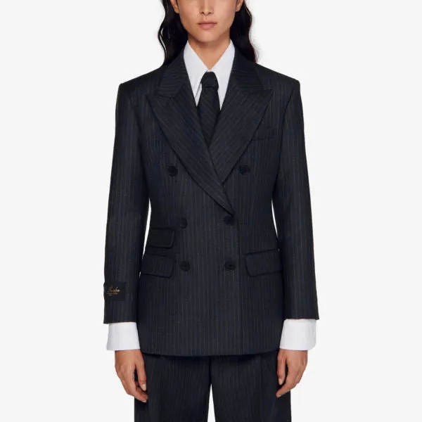 Kelia double-breasted sandro pinstripe wool blazer, color noir / gris