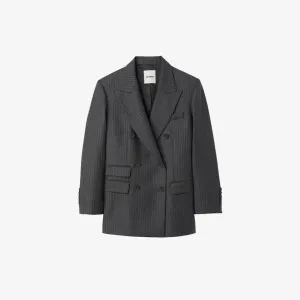 Kelia double-breasted sandro pinstripe wool blazer, color noir / gris