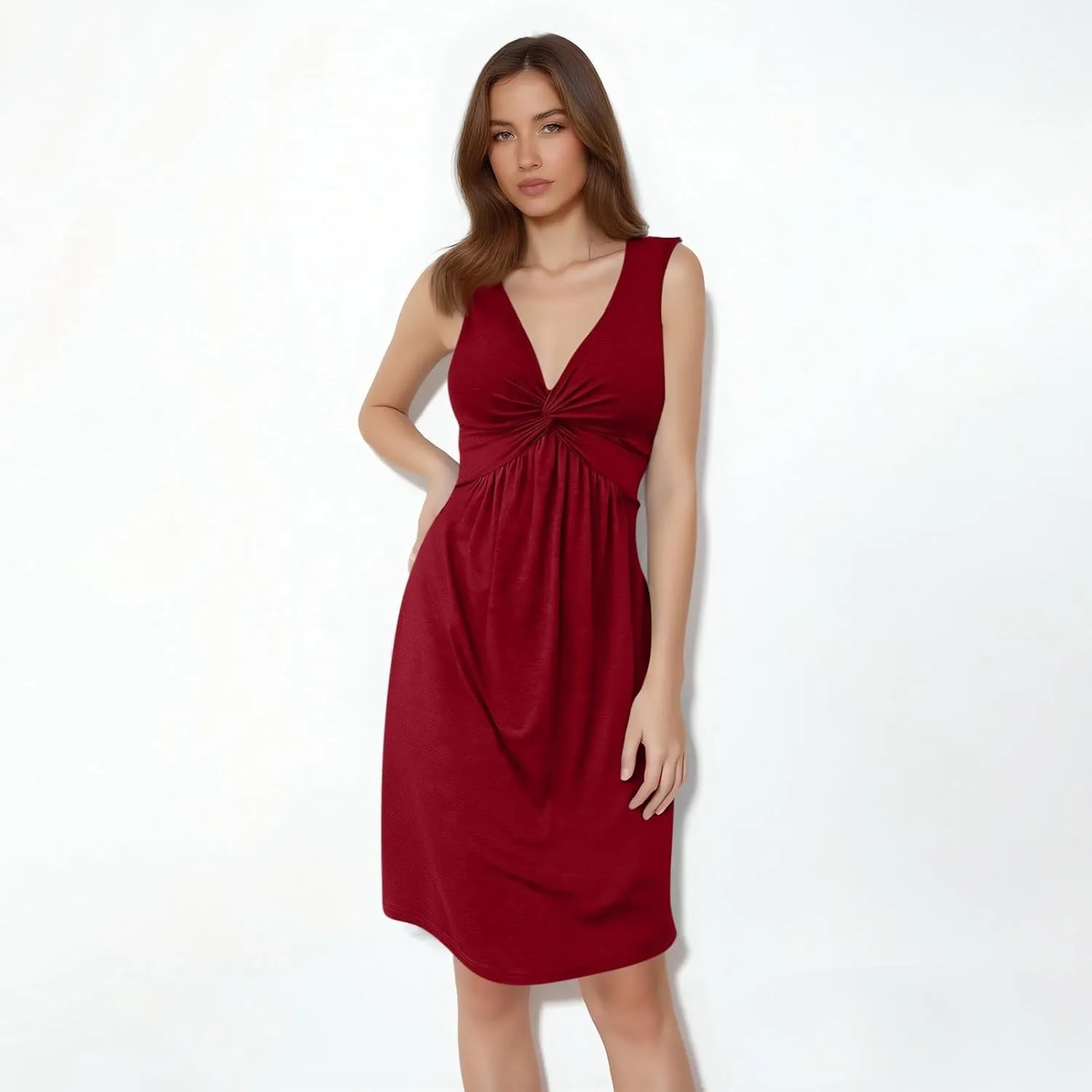 Kenvina Women's Twist Front V Neck Ruffle Casual Summer Dress Sexy Elegant Sleeveless Club Party Tunic Bodycon Mini Dresses