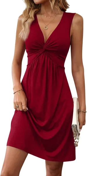 Kenvina Women's Twist Front V Neck Ruffle Casual Summer Dress Sexy Elegant Sleeveless Club Party Tunic Bodycon Mini Dresses