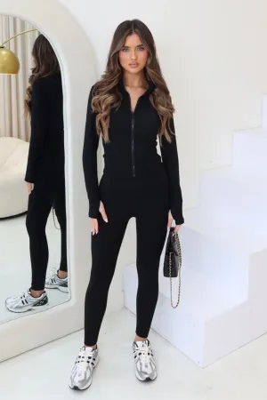 Kim black ribbed zip jacket and legging activewear set