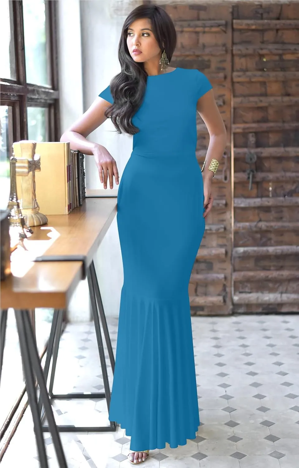 KOH KOH Womens Long Cap Sleeve Elegant Formal Sexy Evening Cocktail Maxi Dress