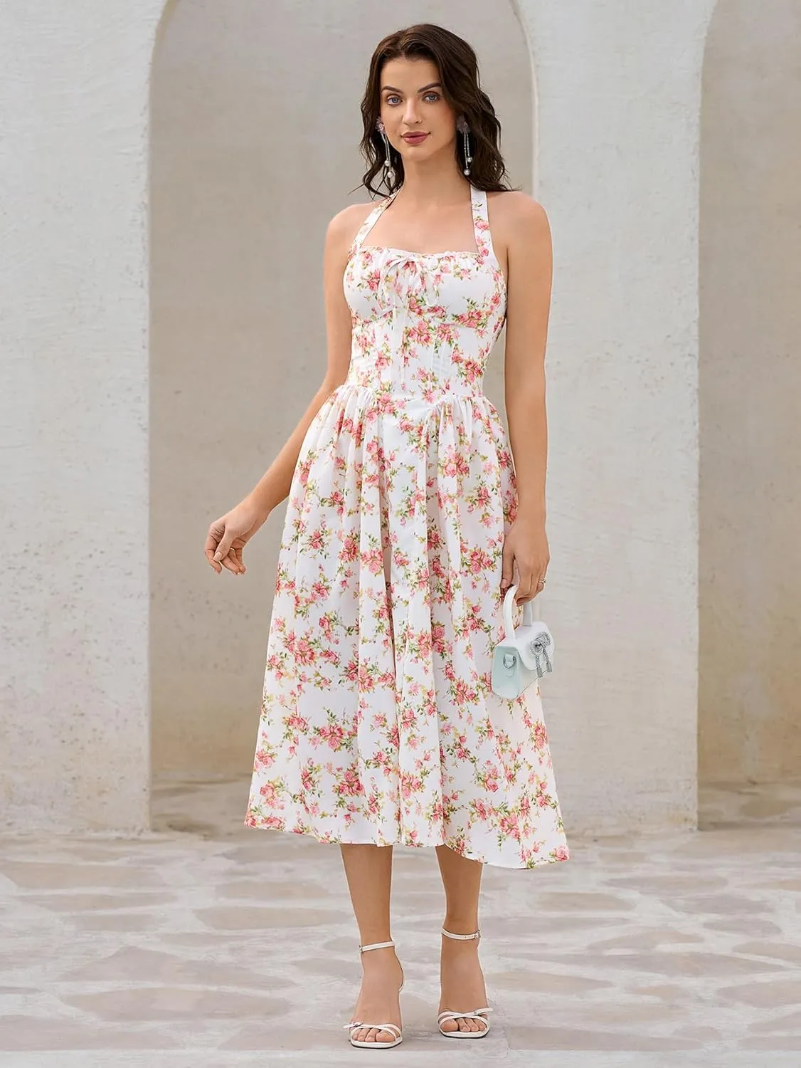 KUTUMAI Summer Floral Corset Midi Dress Halter Smocked Sundress Flowy A Line Beach Wedding Guest Dresses for Women 2025