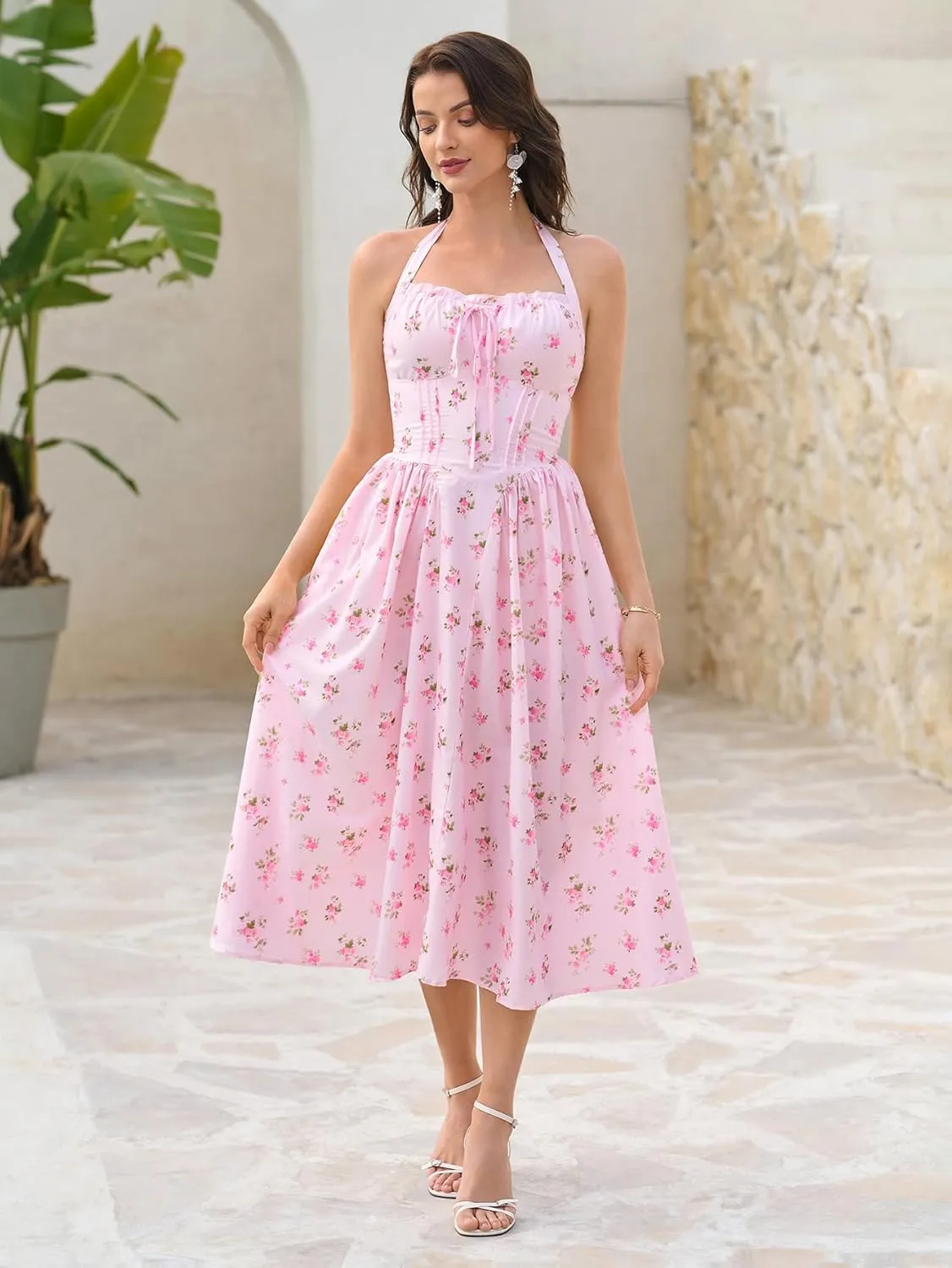 KUTUMAI Summer Floral Corset Midi Dress Halter Smocked Sundress Flowy A Line Beach Wedding Guest Dresses for Women 2025