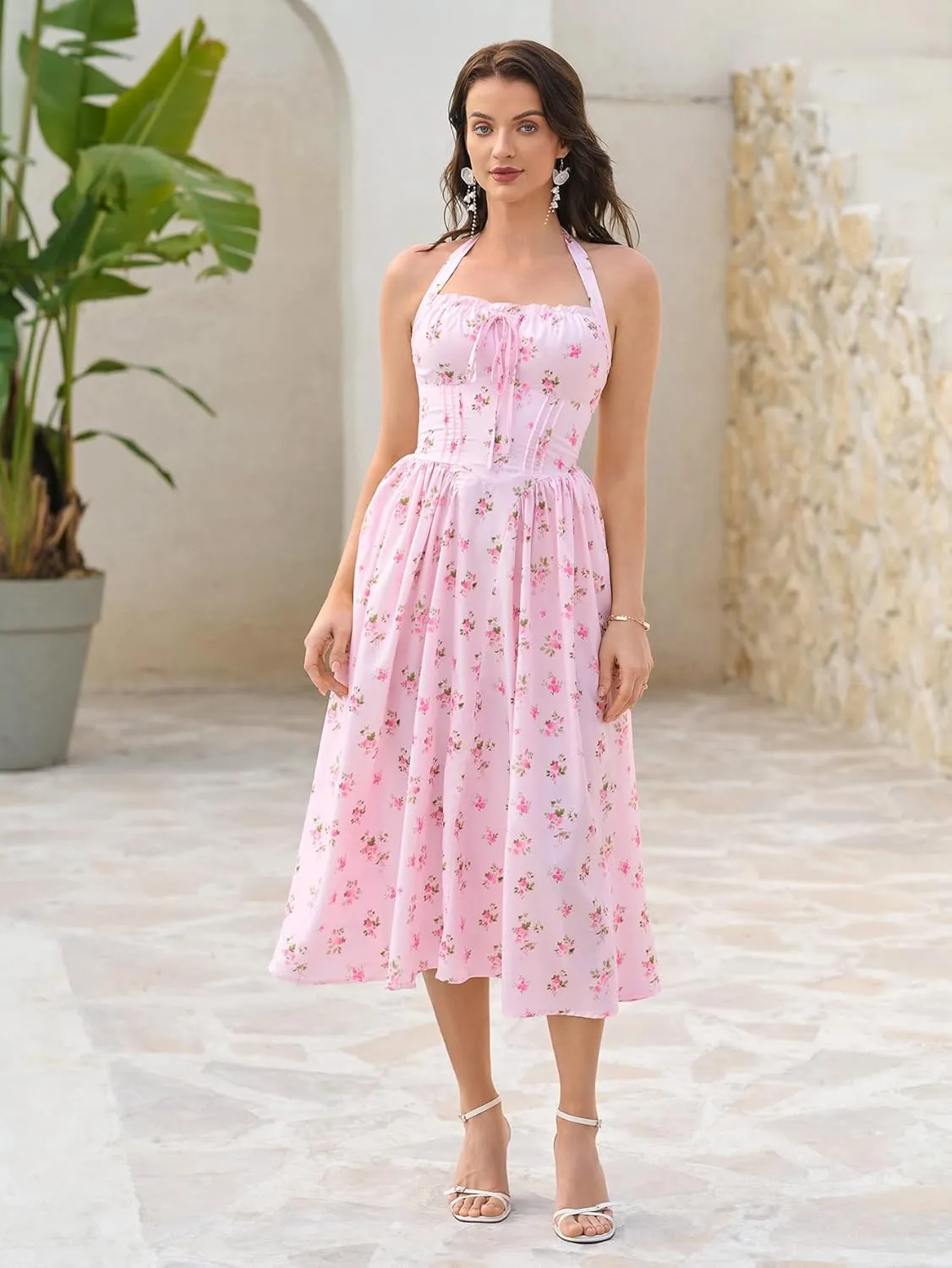 KUTUMAI Summer Floral Corset Midi Dress Halter Smocked Sundress Flowy A Line Beach Wedding Guest Dresses for Women 2025