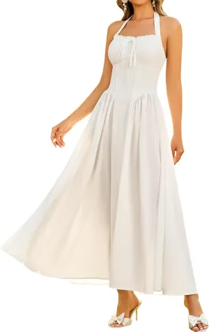 KUTUMAI Summer Floral Corset Midi Dress Halter Smocked Sundress Flowy A Line Beach Wedding Guest Dresses for Women 2025