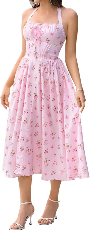 KUTUMAI Summer Floral Corset Midi Dress Halter Smocked Sundress Flowy A Line Beach Wedding Guest Dresses for Women 2025