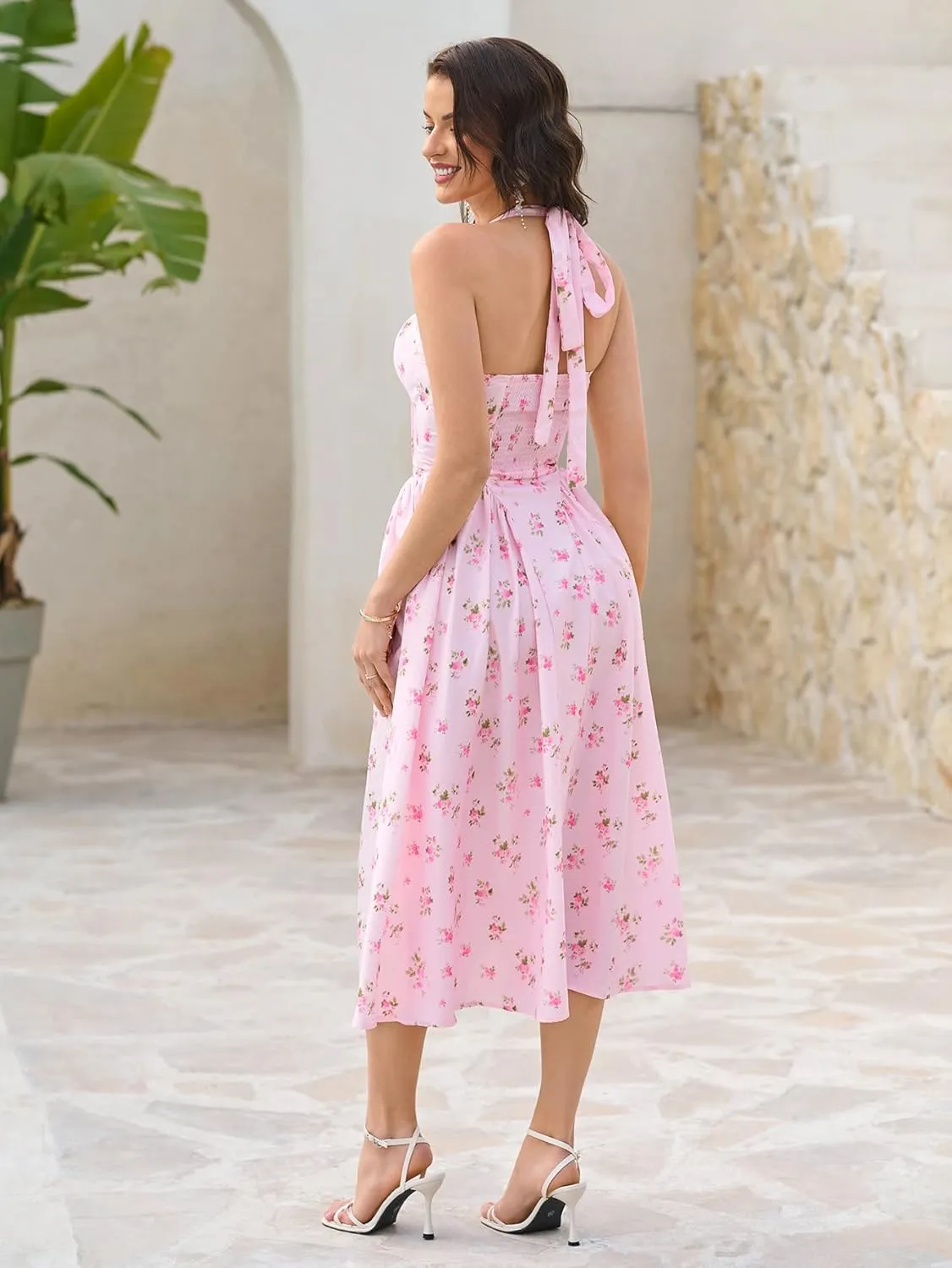 KUTUMAI Summer Floral Corset Midi Dress Halter Smocked Sundress Flowy A Line Beach Wedding Guest Dresses for Women 2025
