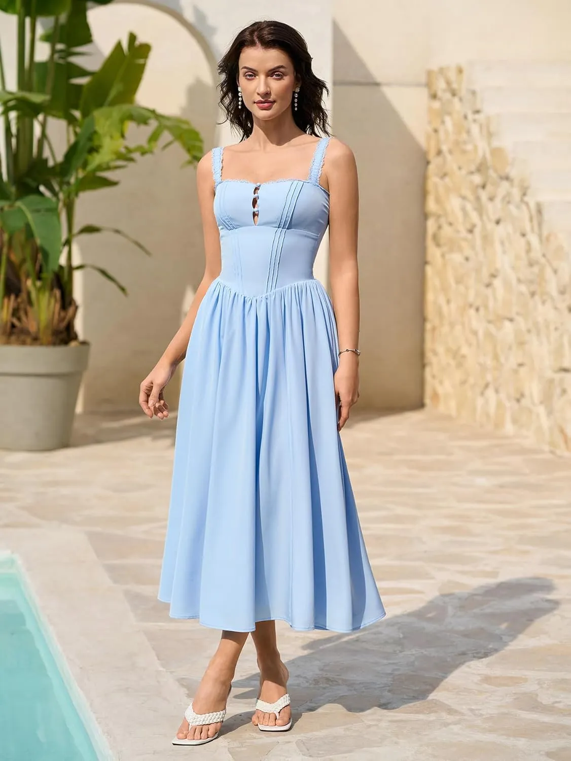 KUTUMAI Women Summer Lace Square Neck Midi Dress Corset Smocked Flowy A Line Beach Wedding Guest Dresses with Pockets