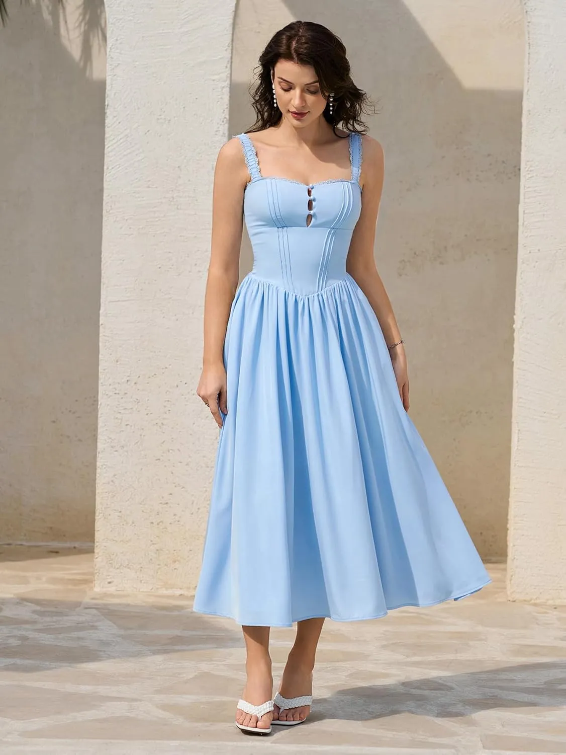 KUTUMAI Women Summer Lace Square Neck Midi Dress Corset Smocked Flowy A Line Beach Wedding Guest Dresses with Pockets