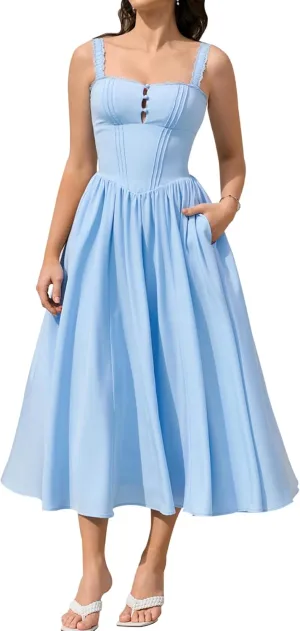 KUTUMAI Women Summer Lace Square Neck Midi Dress Corset Smocked Flowy A Line Beach Wedding Guest Dresses with Pockets