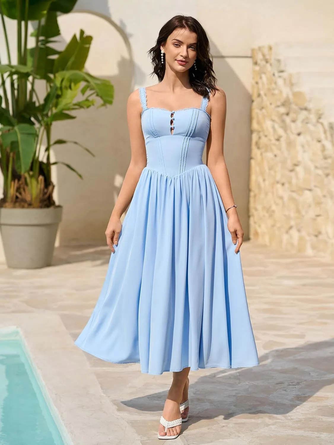 KUTUMAI Women Summer Lace Square Neck Midi Dress Corset Smocked Flowy A Line Beach Wedding Guest Dresses with Pockets
