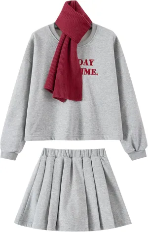 Ladies 2 Piece Sweatshirt Skirt Set Printed Top Pleated Bottom Comfortable Stylish Easy Care Female Outfit